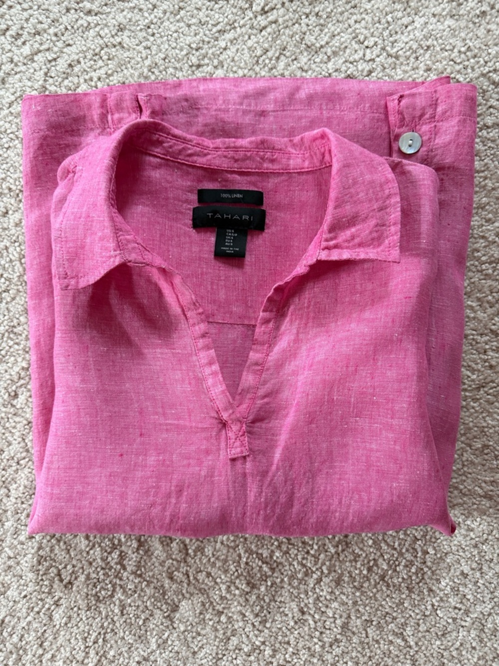 Tahari Pink 100% Linen V-Neck Popover Collared Tunic w/ Mother of Pearl Buttons